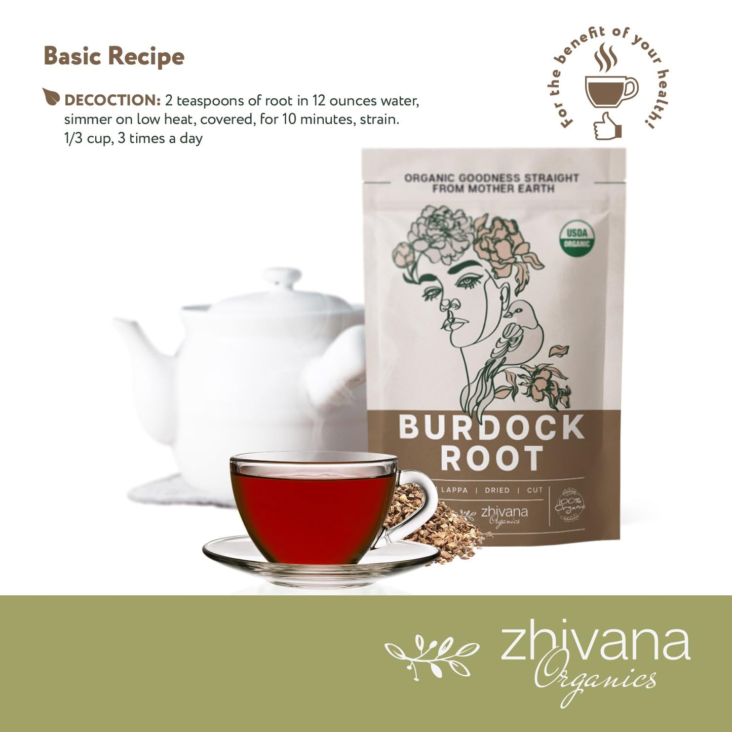 Zhivana Organics Premium Burdock Root Tea - Organic Loose Leaf Herbal Tea for Detox - 16 oz