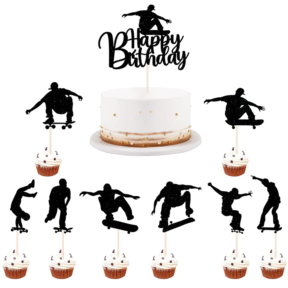 LVEUD 7PCS Skateboard Happy Birthday Cake Topper,Black Glitter Happy Birthday Skateboard Cake Topper for Skateboard Birthday Par