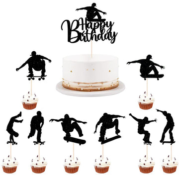 LVEUD 7PCS Skateboard Happy Birthday Cake Topper,Black Glitter Happy Birthday Skateboard Cake Topper for Skateboard Birthday Par