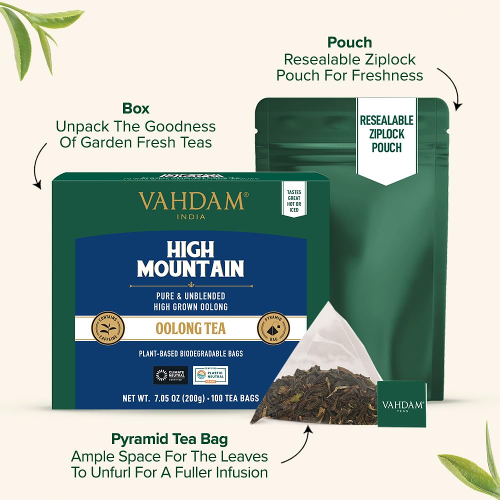 VAHDAM High Mountain Oolong Tea Bags - 100 Count, Non-GMO, Gluten Free, Light & Floral, Resealable Ziplock Pouch