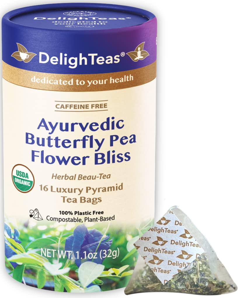DelighTeas Organic Butterfly Pea Flower Tea with Ginger & Lemongrass, 16 Pyramid Tea Bags, USDA Organic, Vegan, Caffeine Free
