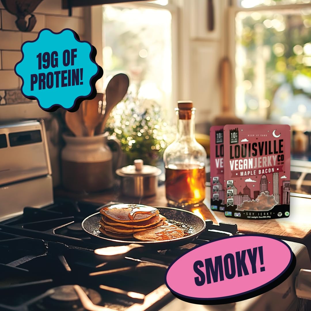 Louisville Vegan Jerky - Maple Bacon Vegan Meat - Lip-Smacking Vegan-Friendly & Vegetarian Jerky - Non-Gmo Soy Protein, Gluten-Free High Protein Vegan Snacks