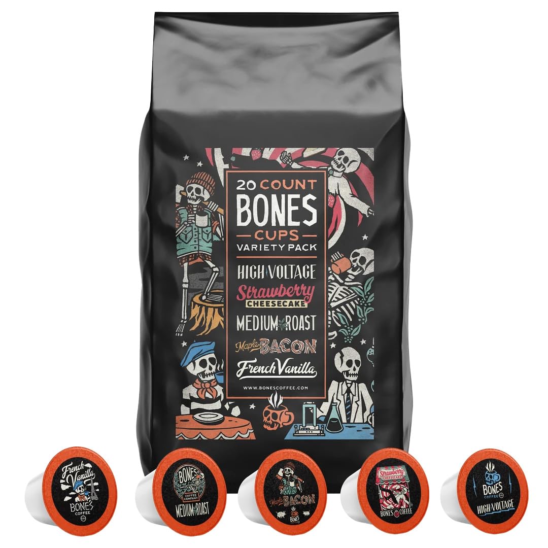 Bones Coffee Company Variety Flavored Coffee Pods  French Vanilla  Maple Bacon  Strawberry Cheesecake  Medium Roast  High Voltage Bones Cups  Compatible With 1.0 & 2.0 K-Cups Beverage Makers  20 Count