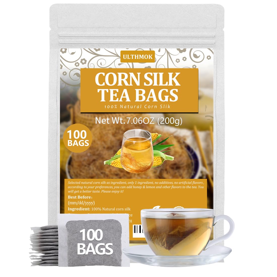 100 Top-Grade Corn Silk Tea Bags  Made With 100% Natural Corn Slik  Aromatic & Sweet  Support Kidney & Aid Digestion  No Additives & Energy Blend Free.