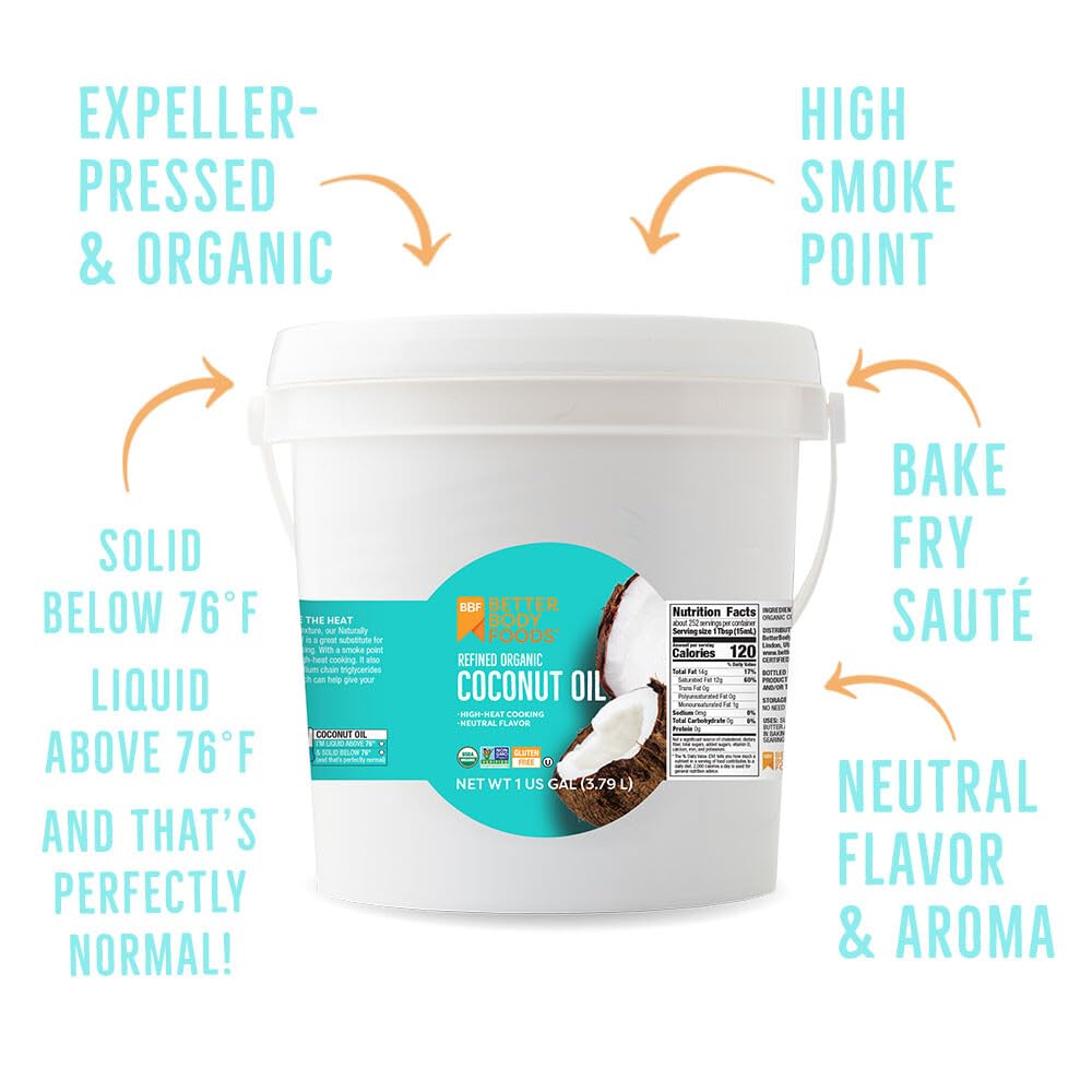 BetterBody Foods Refined Organic Coconut Oil with Neutral Flavor and Aroma  Non-GMO  Cooking Oil  1 Gallon