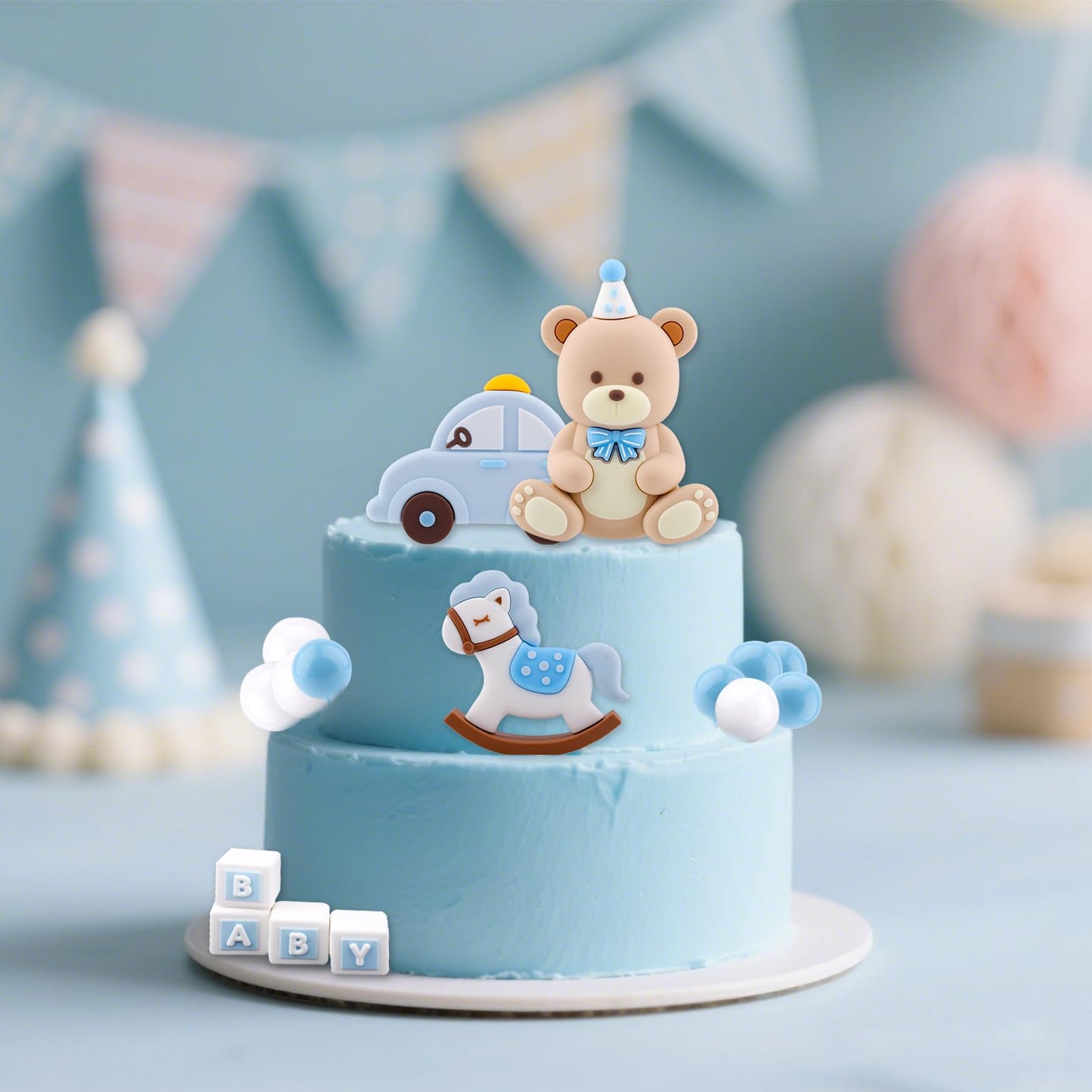 BOXOB Blue Bear Cake Decoration Set with Bear Rocking Horse and Balloons for Baby Shower and Birthday, As Shown in the Picture, Model G31007