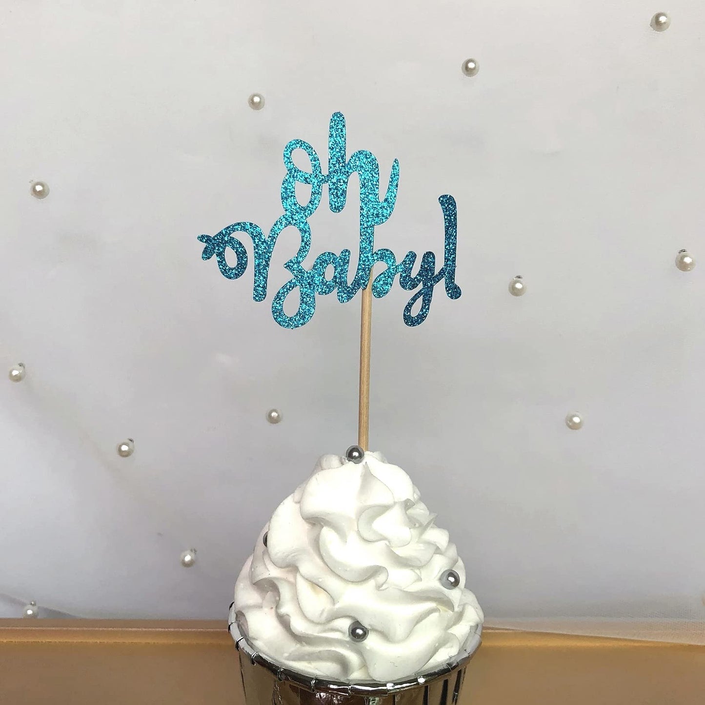 30-Pack Glitter Baby Shower Cupcake Toppers Cake Topper, Blue Oh Baby Onesie Bottle Foot Print Nipple Cupcake Toppers Cake Toppe