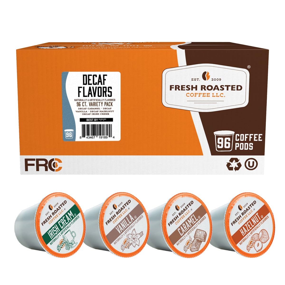Fresh Roasted Coffee Decaf Flavored Coffee Pod Variety Pack K-Cup Compatible 96 Count