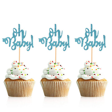 Donoter 48 Pcs Blue Glitter Oh Baby Cupcake Topper Picks For Baby Shower Party Cake Decorations