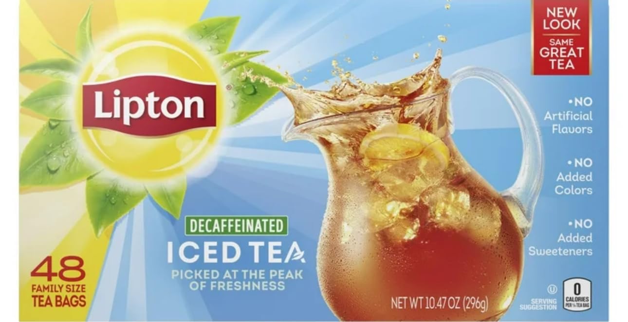 Lipton Family-Sized Decaffeinated Black Iced Tea Bags, Unsweetened, 48 ct