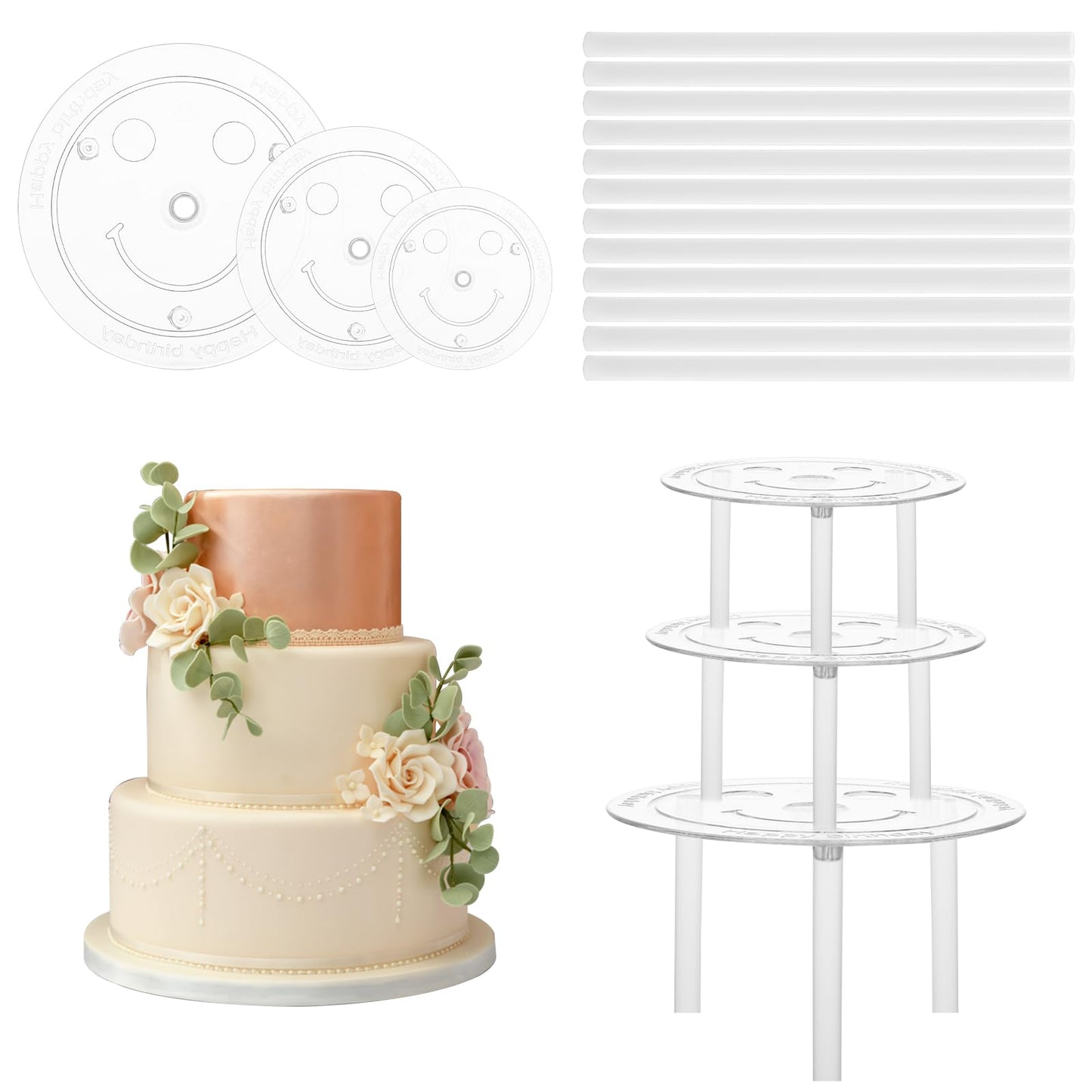 Grevosea Cake Dowel, Cake Dowels for Tiered Cakes Plastic Cake Support Rods, White Cake Stand Sticks with 3PCS Cake Boards - for