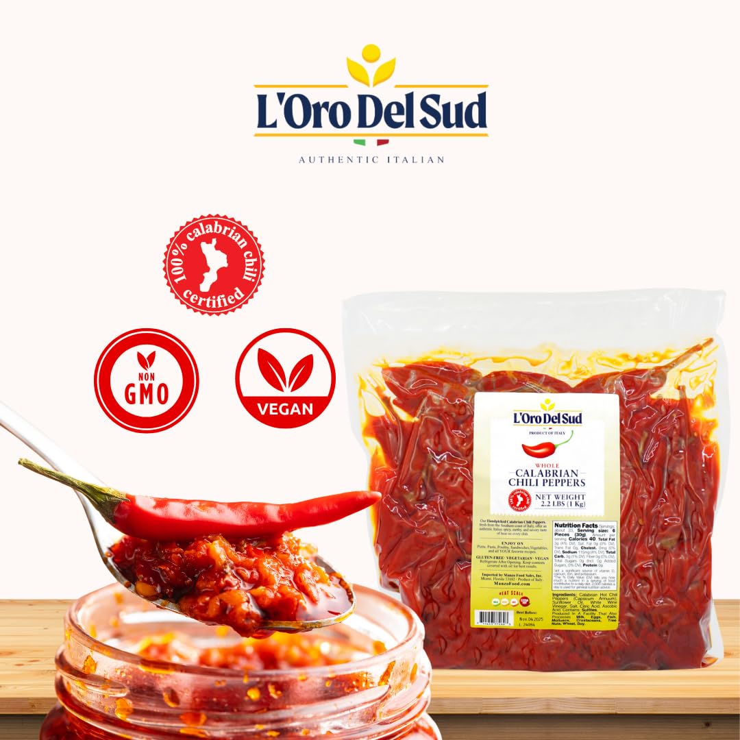 Whole Calabrian Chili Peppers In Oil, 2.2 Lb / 1 Kg (900 Gr Drained), 100% Certified Authentic, Cryovac, Authentic Chilies From