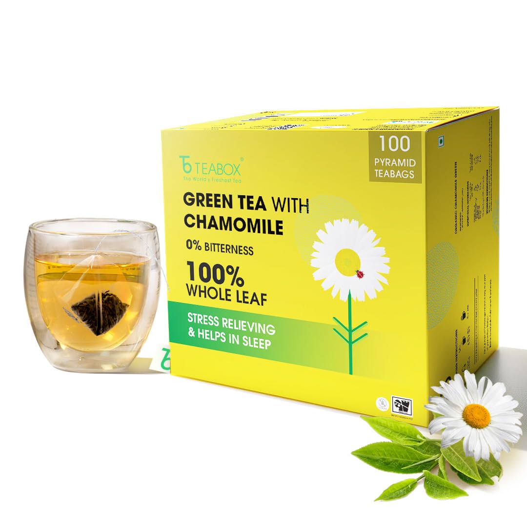 Teabox Enhanced Darjeeling Green Tea With Chamomile Flowers | 100% Whole Leaf & 0% Bitterness | Green Tea From The Himalayas | 100 Tea Bags (Low Caffeine)