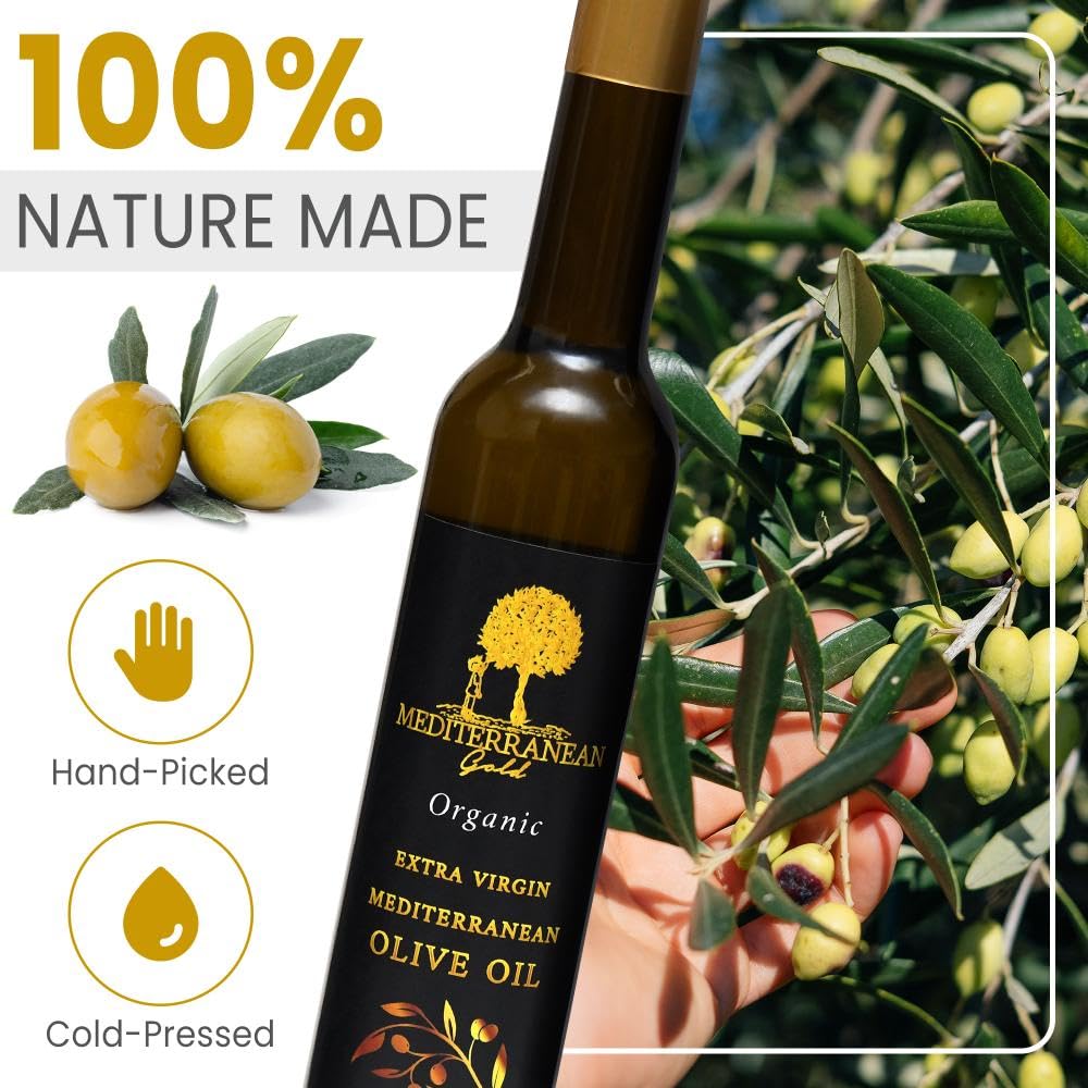 Mediterranean Gold Organic Olive Oil Extra Virgin - First 100% Nature-Made Cold Pressed, Unfiltered & Hand-Harvested, Ensure Hig