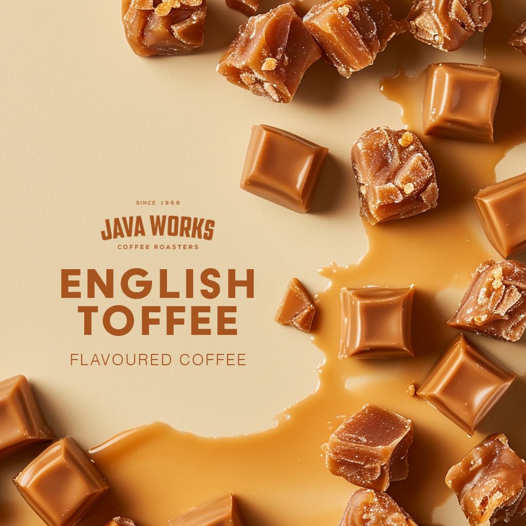 Java Works Coffee - English Toffee Flavored Coffee | 12 Ounces | Medium Roast | Whole Bean | No Sugar Added