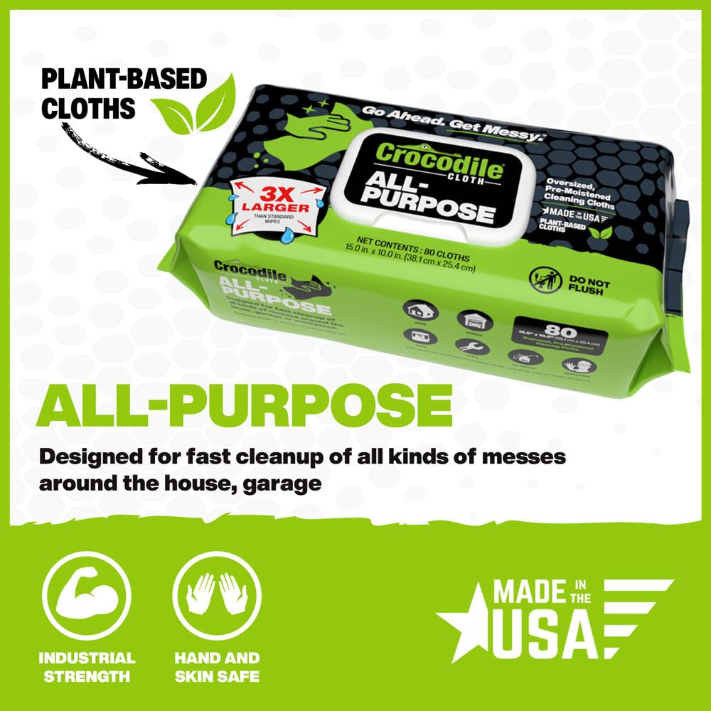 Crocodile Cloth Multi-Purpose Household Cleaning Wipes - The Stronger Easier Way To Clean Grease, Dirt, Dust, Grime, & Glue From