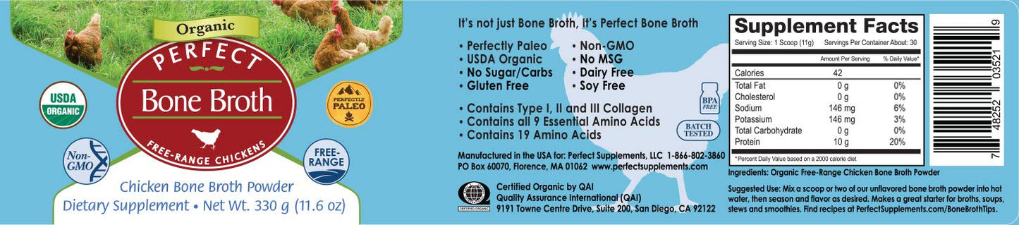 Perfect Organic Chicken Bone Broth Powder | Free Range Low Sodium Chicken Broth | Paleo & Keto Bone Broth Powder (330g) 30 Servi