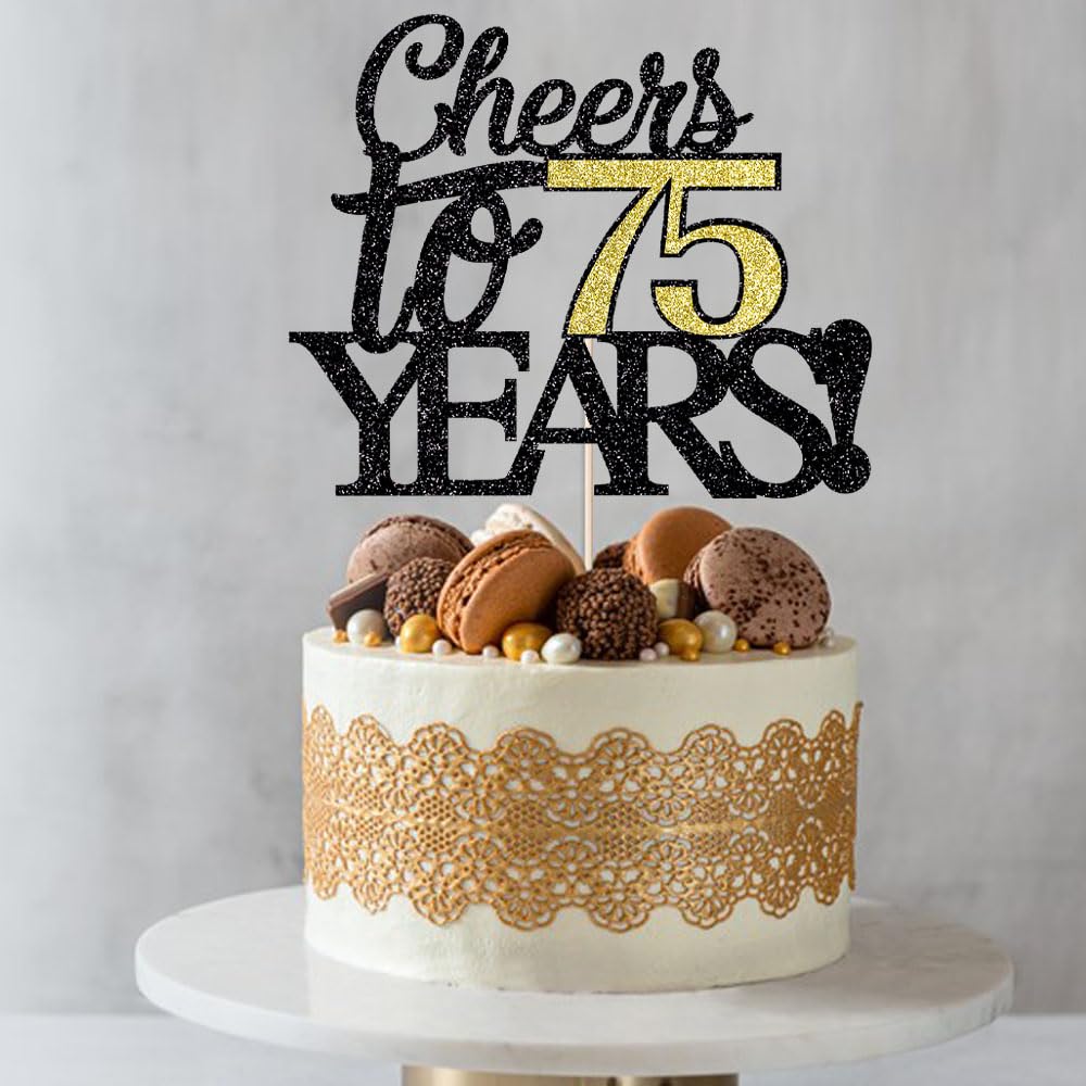 Klionjor Birthday Cake Topper, 75th Anniversary Decoration, Black Gold, Paper, Model 85
