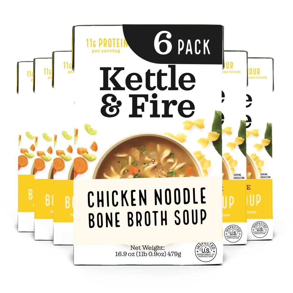 Kettle and Fire Chicken Noodle Soup with Bone Broth, Keto Friendly, High in Protein and Collagen, 6 Pack