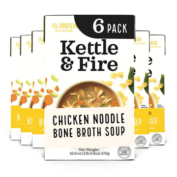 Kettle and Fire Chicken Noodle Soup with Bone Broth, Keto Friendly, High in Protein and Collagen, 6 Pack