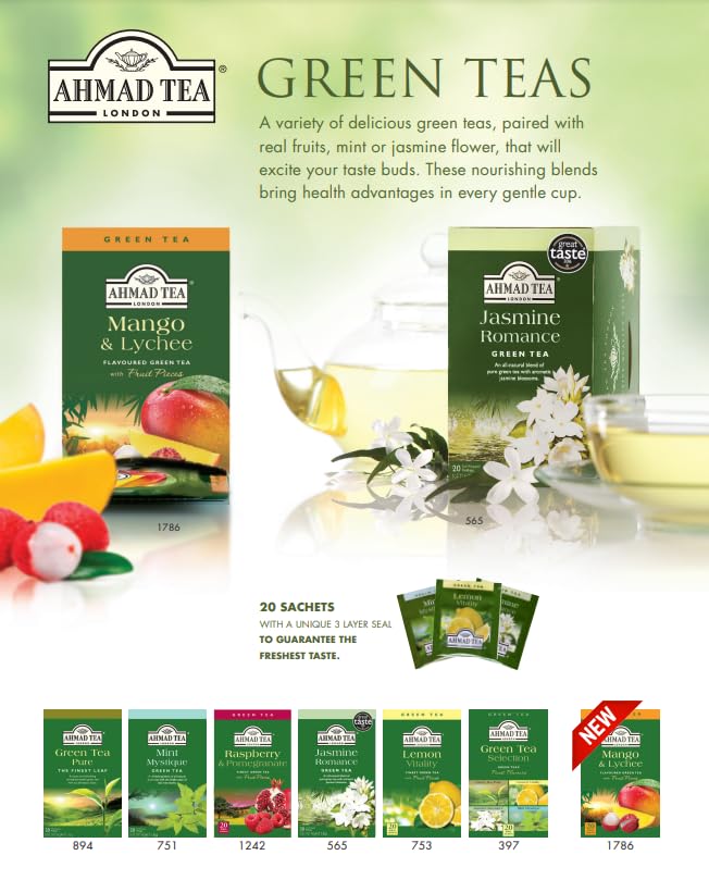 Ahmad Tea Green Tea, Mango & Lychee Teabags, 20 Ct (Pack Of 6) - Caffeinated & Sugar-Free