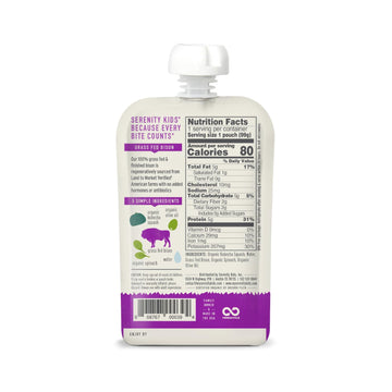 Serenity Kids 6+ Months Baby Food Pouches - Ethically Sourced Grass Fed Bison - Organic Kabocha Squash & Spinach Puree - 3.5 Oz