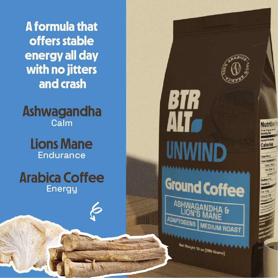 Better Alt Mushroom Ground Coffee | Medium Roast | Premium Arabica With Lion'S Mane & Ashwagandha | No Crashes & Jitters | 10 Oz