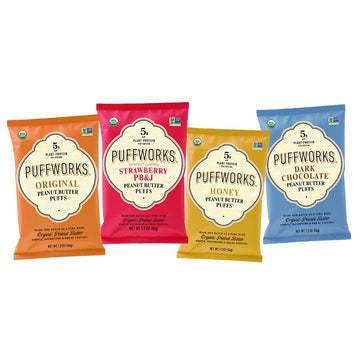 Puffworks Four Flavor Variety Pack Organic Peanut Butter Puffs (Original, Pbj, Dark Chocolate, Honey), Plant-Based Protein Snack