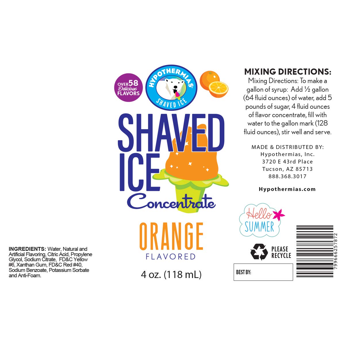 Hypothermias Shaved Ice Syrup Concentrate - Unsweetened Orange - 4 Fl Oz - Makes 1 Gallon