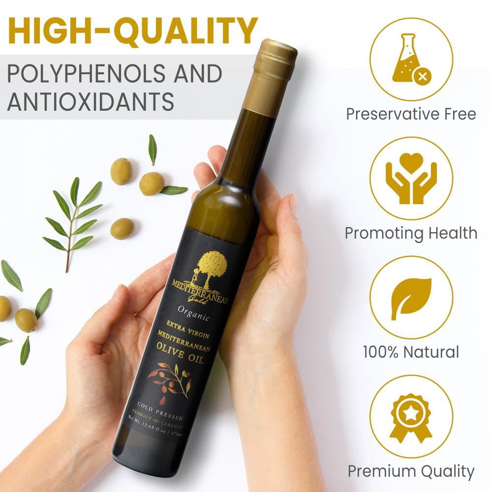 Mediterranean Gold Organic Olive Oil Extra Virgin - First 100% Nature-Made Cold Pressed, Unfiltered & Hand-Harvested, Ensure Hig