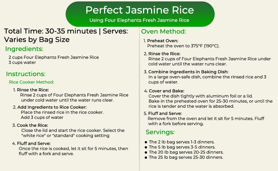 25 Pounds (LBS) Premium Thai Hom Mali Jasmine Rice | Endorsed By Pro Chefs | Four Elephants Brand | Cooking Instructions Packagi