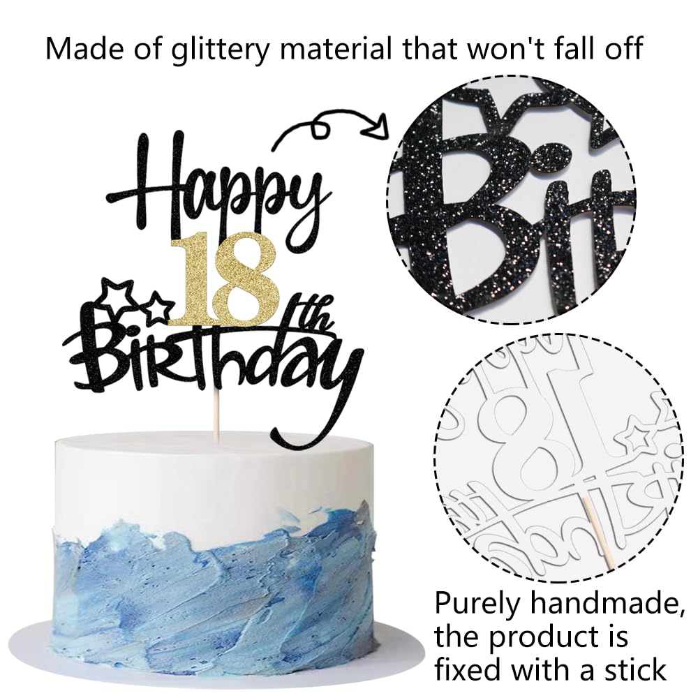 Kaoenla Black Gold Glitter 18th Birthday Cake Topper, Cardboard, Model 4, 18th Celebration Decoration