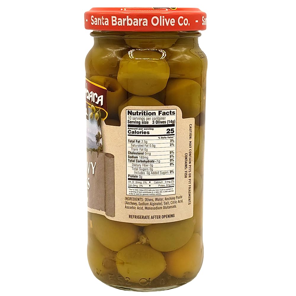 SANTA BARBARA OLIVE CO Pitted Green Olives Anchovy Stuffed Pack of 3, 5oz Each, Perfect for Charcuterie, Salads, Pizza, Pasta