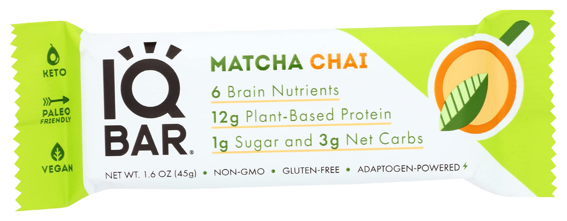 Iqbar Matcha Chai Keto Bars, Vegan, Low Sugar, 1.6 Ounces (Pack Of 12)