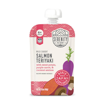 Serenity Kids 6+ Months Organic Baby Food Pouch - 3.5 Oz, Pack Of 12, Salmon Teriyaki - 5G Protein Nutrient-Packed Puree - Savory Salmon Teriyaki - No Added Sugar - On-The-Go Pouch For Baby Snacks