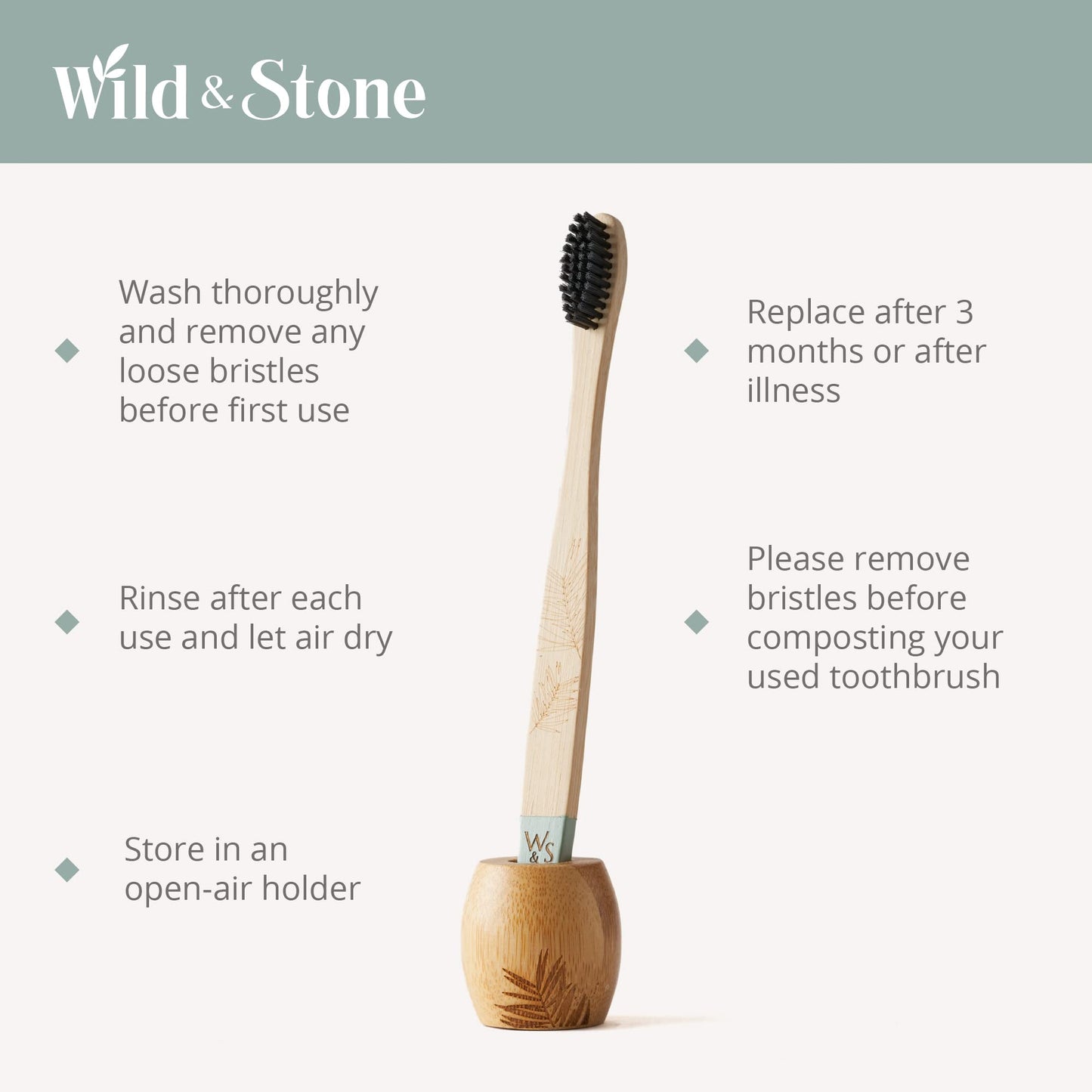 Wild & Stone | Medium Bristle Organic Bamboo Toothbrush | Four Handle Patterns | Medium Fibre Bristles | 100% Biodegradable Hand