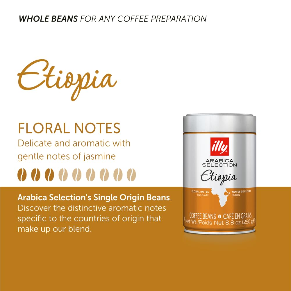 illy Whole Bean Coffee - Perfectly Roasted Whole Coffee Beans - Etiopia Bold Roast - Gentle Notes of Jasmine - Floral Notes - 10