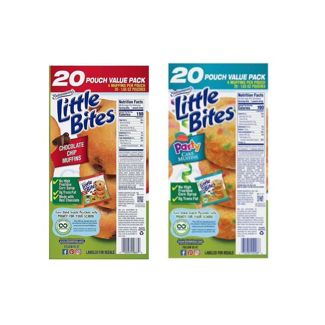 Entenmann s | Little Bites | Chocolate Chip Muffins - 20 Pouches - Party Cake Muffins-20 Pouches |each box 2 LBS 1 OZ- 936g | D