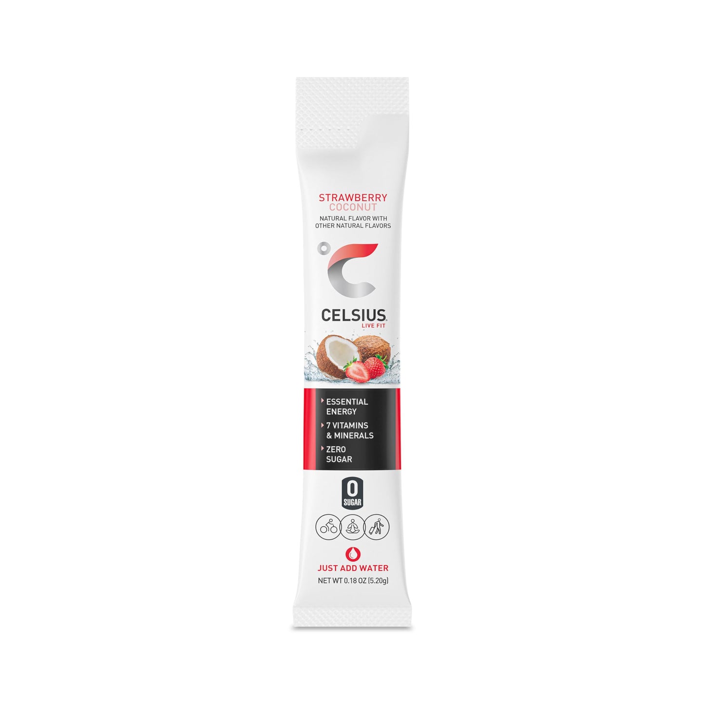 CELSIUS On-the-Go Powder Sticks Strawberry Coconut, Essential Energy 2.6 Oz (14 Sticks per Pack)