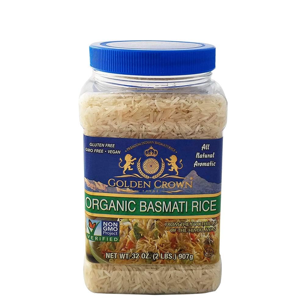 Golden Crown Organic White Basmati Rices - 32 oz (2LB), Premium Quality Gluten-Free, Kosher & Halal Kitchen Rice, Naturally Aged