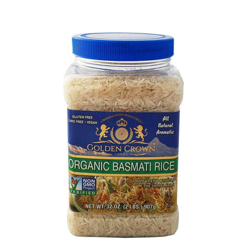 Golden Crown Organic White Basmati Rices - 32 oz (2LB), Premium Quality Gluten-Free, Kosher & Halal Kitchen Rice, Naturally Aged