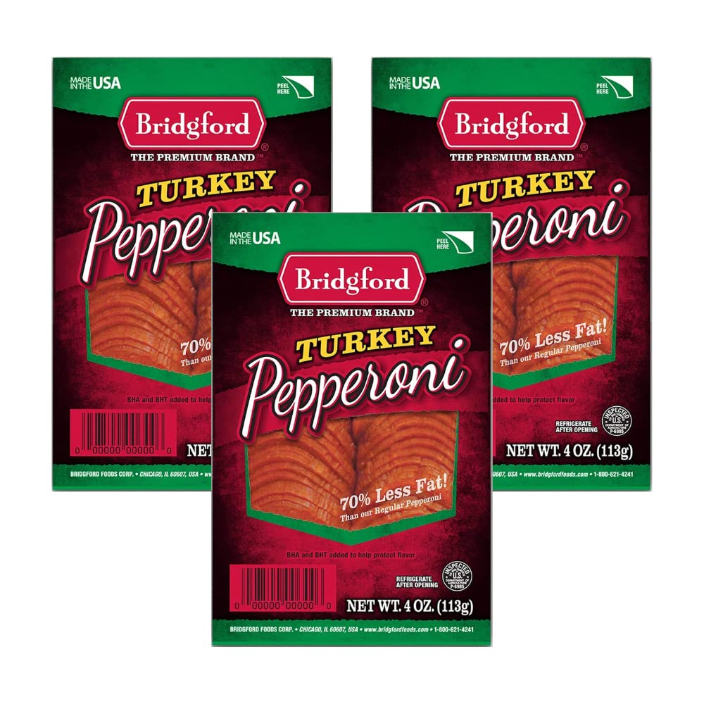 Bridgford Sliced Turkey Pepperoni - 4 oz Pack of 3 - Protein-Rich Smoked Slices for Pizza and Sandwiches