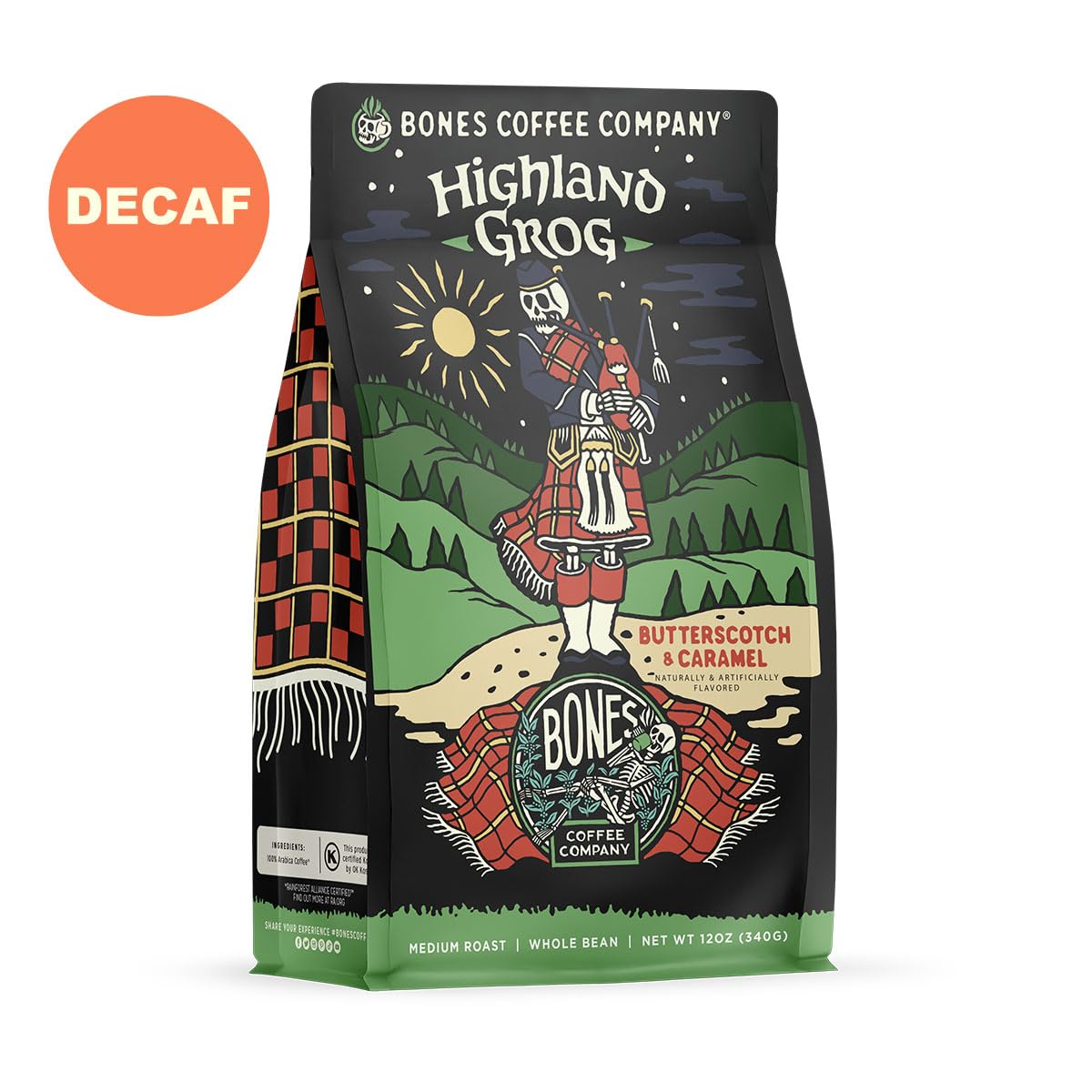 Bones Coffee Company Decaf Highland Grog Whole Coffee Beans Butterscotch Caramel Flavor, Low Acid Flavored Coffee, Made With Ara