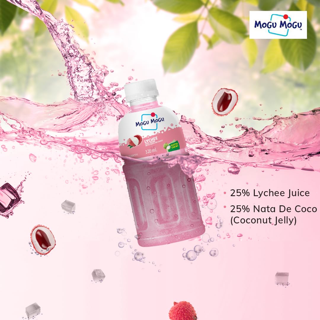 Mogu Mogu Orange And Lychee Juice 25% With Nata De Coco | Energy Booster Drink | Full Of Fruit Fibres | No Added Preservatives A