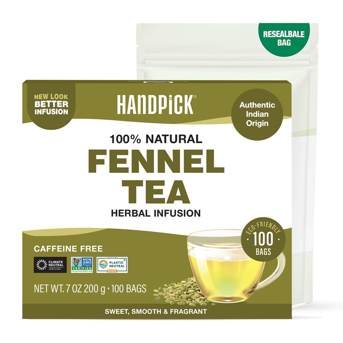 HANDPICK Fennel Tea Bags - 100 Caffeine Free Herbal Tea Bags, Made from 100% Natural Whole Fennel Seeds, Premium Quality, Sweet Taste & Aroma