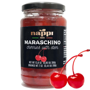 Nappi 1911 Maraschino Cocktail Cherries with Stem in Syrup, 13.76 oz Jar, Product of Italy
