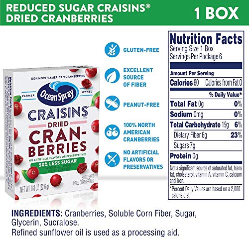 Ocean Spray Craisins, 50% Less Sugar Dried Cranberries, Dried Fruit, 0.8 Oz Pouches, 6 Count (Pack of 12)