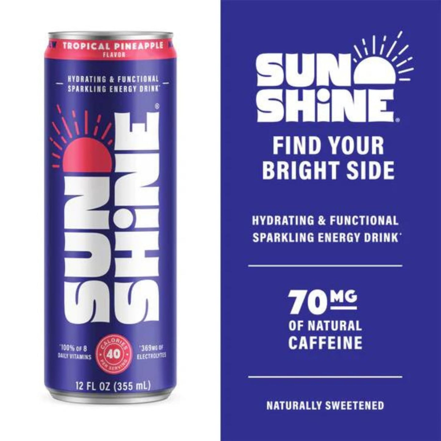 Legendary Sunshine Sparkling Energy Drink, Tropical Pineapple, 360mg Electrolytes, 70mg Caffeine, 12 Fl Oz, Pack of 24
