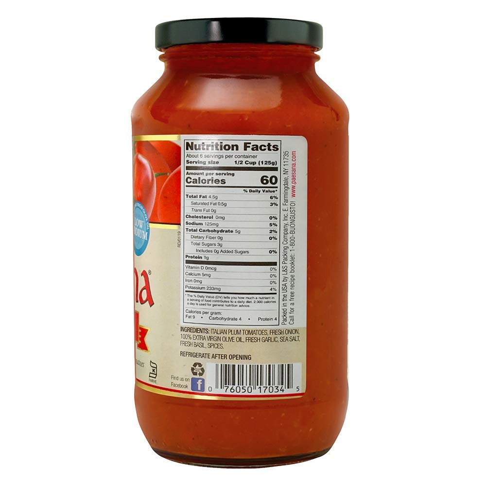 Paesana Low Sodium Marinara Pasta Sauce - Gluten Free, Vegan Friendly, Keto Friendly and made with 100% Imported Italian Tomatoe
