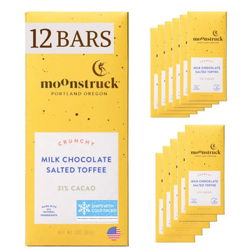Moonstruck Chocolate Salted Toffee Milk Chocolate Bar, 31% Cacao, 3.0oz (Pack of 12)